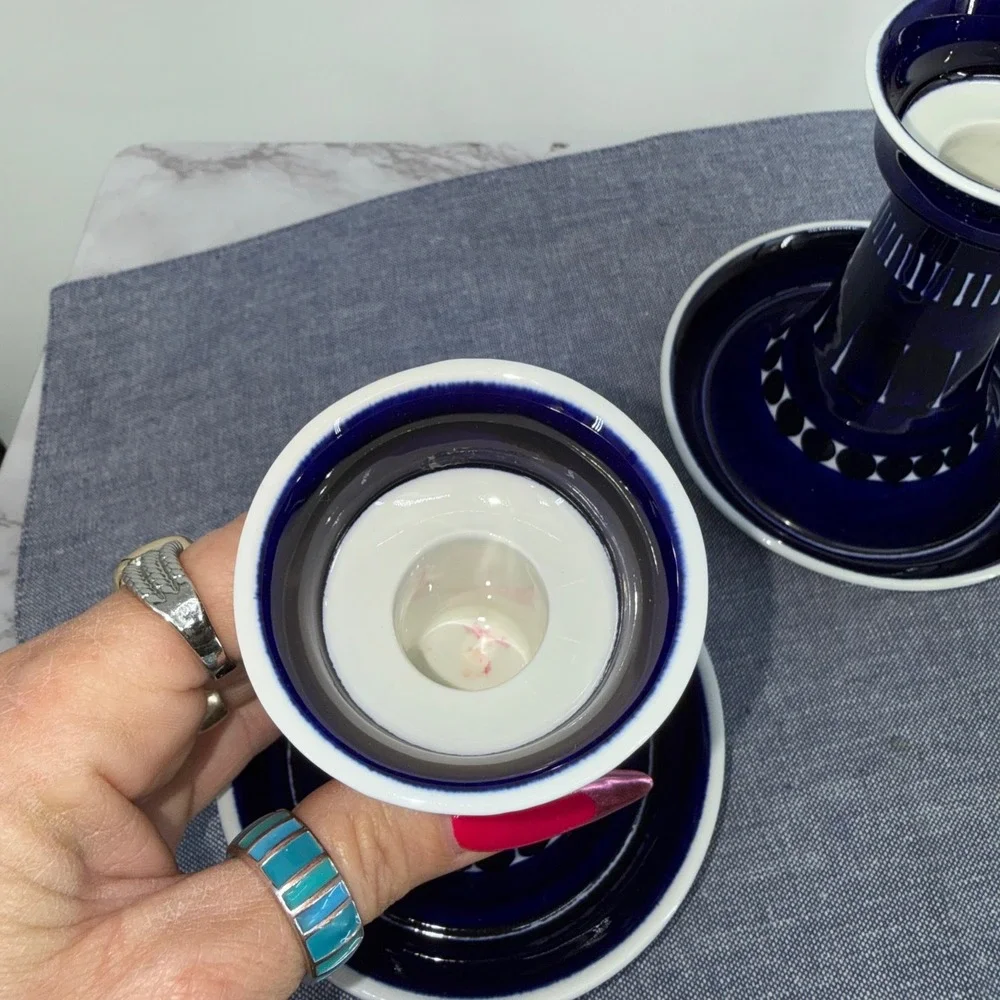 Arabia Finland Valencia Candle Sticks Set 2 Ulla Procope Blue White Hand Painted